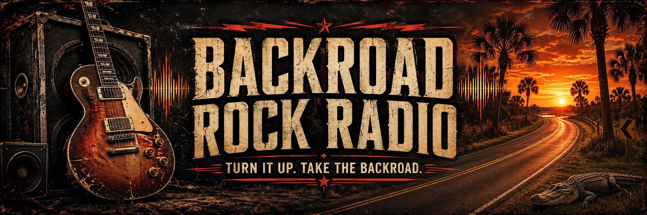 Backroad Rock Radio — a weathered electric guitar beside a Florida sunset backroad with palm trees and an alligator